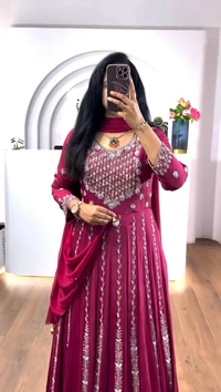 Azorte Fashion New Embroidered Chinon Gown – Elegant Thread & Sequence Work for Weddings & Festive Wear - Hibiscus, XXL