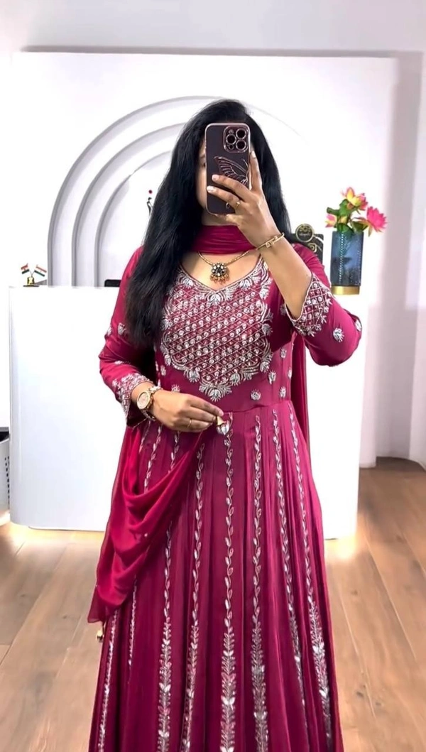 Azorte Fashion New Embroidered Chinon Gown – Elegant Thread & Sequence Work for Weddings & Festive Wear - Hibiscus, XXL
