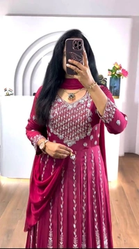 Azorte Fashion New Embroidered Chinon Gown – Elegant Thread & Sequence Work for Weddings & Festive Wear - Hibiscus, XXL