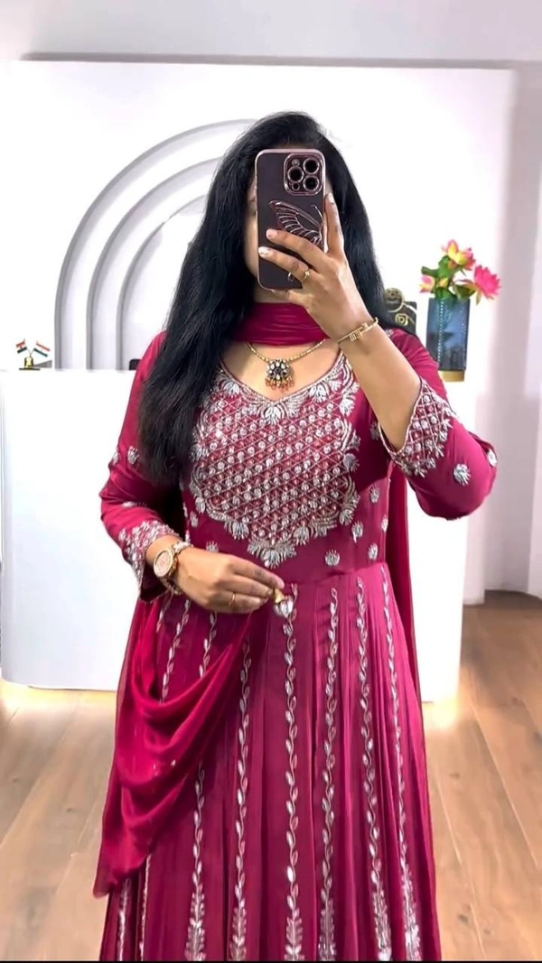 Azorte Fashion New Embroidered Chinon Gown – Elegant Thread & Sequence Work for Weddings & Festive Wear - Hibiscus, XXL