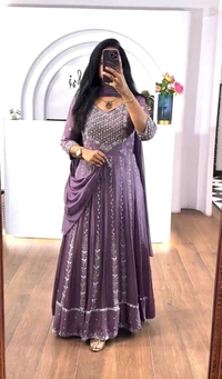 Azorte Fashion New Embroidered Chinon Gown – Elegant Thread & Sequence Work for Weddings & Festive Wear - Mountbatten Pink, XL