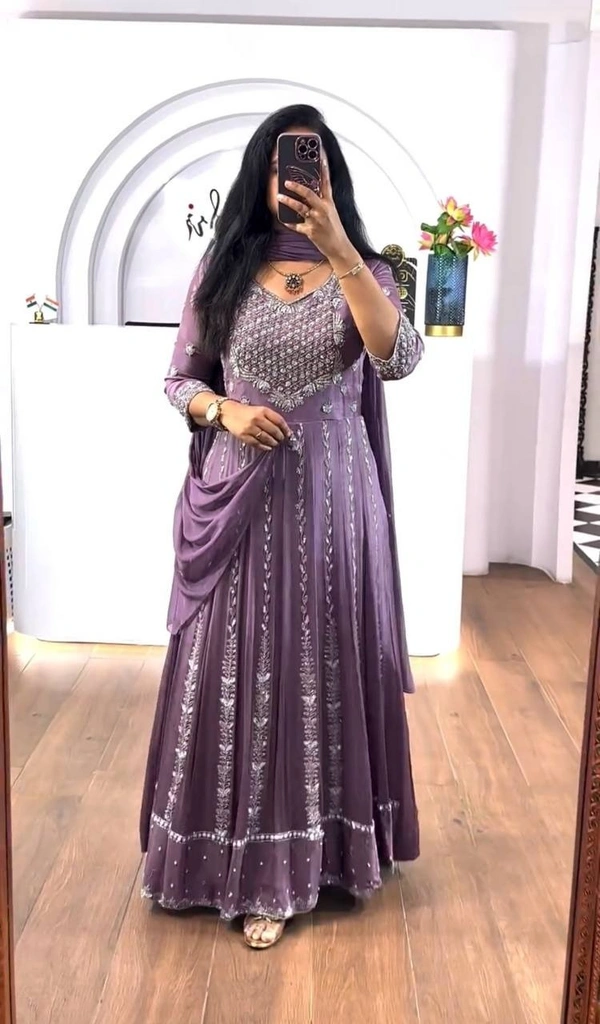 Azorte Fashion New Embroidered Chinon Gown – Elegant Thread & Sequence Work for Weddings & Festive Wear - Mountbatten Pink, XL