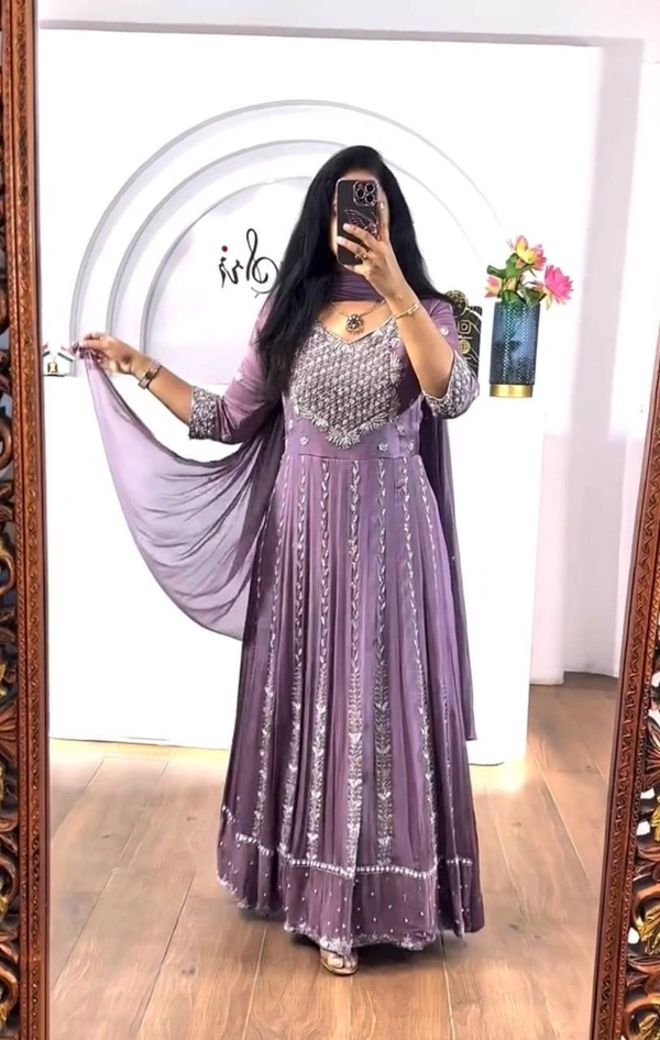 Azorte Fashion New Embroidered Chinon Gown – Elegant Thread & Sequence Work for Weddings & Festive Wear - Mountbatten Pink, XL