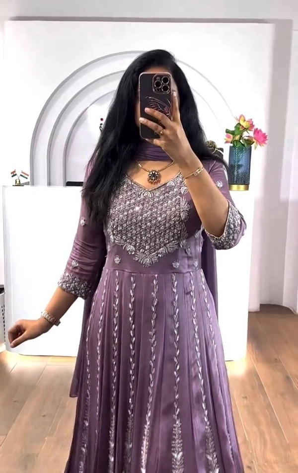 Azorte Fashion New Embroidered Chinon Gown – Elegant Thread & Sequence Work for Weddings & Festive Wear - Mountbatten Pink, XL