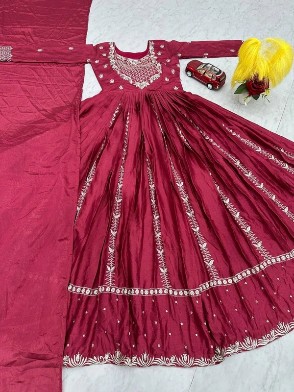 Azorte Fashion New Embroidered Chinon Gown – Elegant Thread & Sequence Work for Weddings & Festive Wear - Hibiscus, XXL