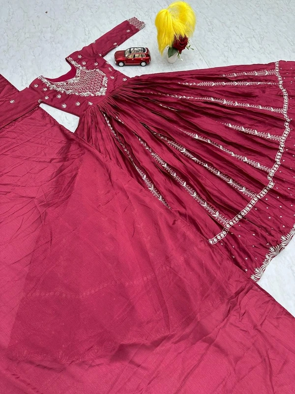 Azorte Fashion New Embroidered Chinon Gown – Elegant Thread & Sequence Work for Weddings & Festive Wear - Hibiscus, XXL