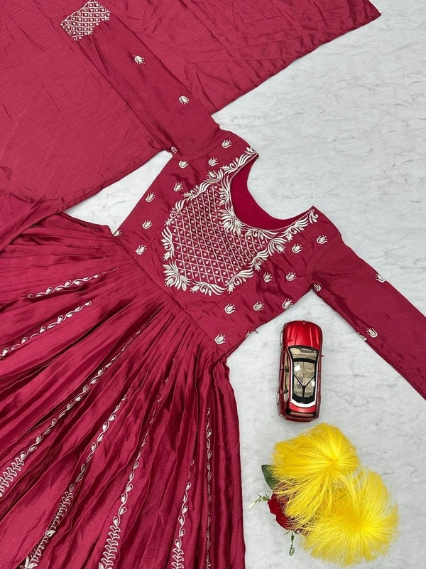 Azorte Fashion New Embroidered Chinon Gown – Elegant Thread & Sequence Work for Weddings & Festive Wear - Hibiscus, XXL