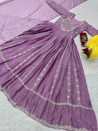 Azorte Fashion New Embroidered Chinon Gown – Elegant Thread & Sequence Work for Weddings & Festive Wear - Mountbatten Pink, XL
