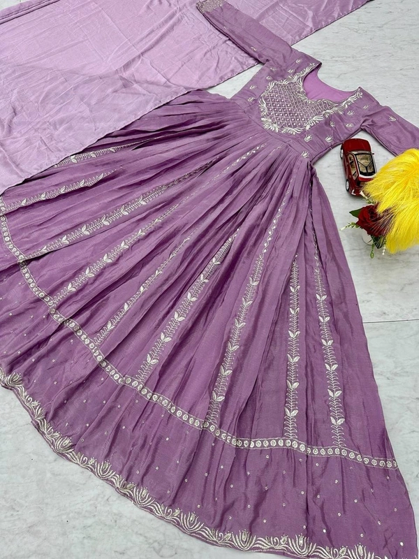 Azorte Fashion New Embroidered Chinon Gown – Elegant Thread & Sequence Work for Weddings & Festive Wear - Mountbatten Pink, XL