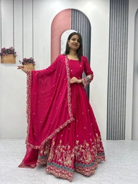 Azorte Fashion Designer Embroidered Chinon Gown with Dupatta – Perfect for Weddings & Festive Wear - M