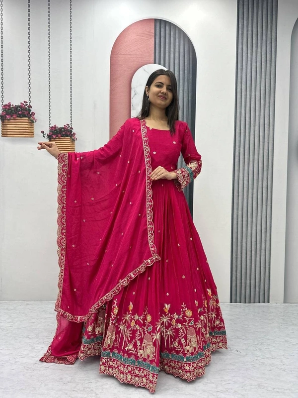 Azorte Fashion Designer Embroidered Chinon Gown with Dupatta – Perfect for Weddings & Festive Wear - M