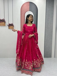 Azorte Fashion Designer Embroidered Chinon Gown with Dupatta – Perfect for Weddings & Festive Wear - M