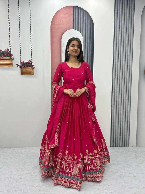 Azorte Fashion Designer Embroidered Chinon Gown with Dupatta – Perfect for Weddings & Festive Wear - M