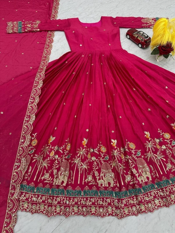 Azorte Fashion Designer Embroidered Chinon Gown with Dupatta – Perfect for Weddings & Festive Wear - M