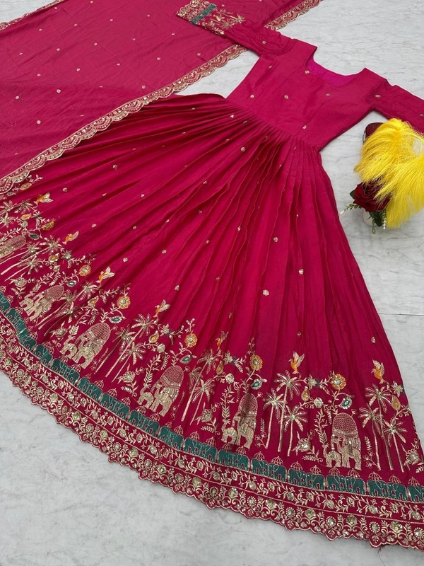 Azorte Fashion Designer Embroidered Chinon Gown with Dupatta – Perfect for Weddings & Festive Wear - M