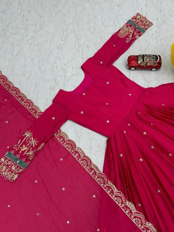 Azorte Fashion Designer Embroidered Chinon Gown with Dupatta – Perfect for Weddings & Festive Wear - M