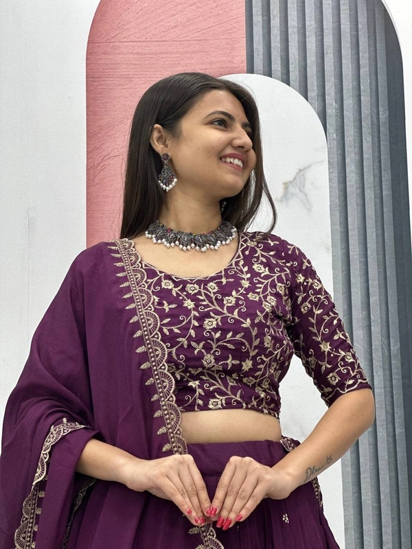 Azorte Fashion Designer Embroidered Chinon Lehenga Choli with Dupatta – Perfect for Weddings & Festive Wear - M
