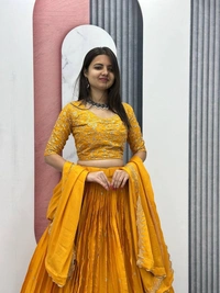 Azorte Fashion Yellow Embroidered Chinon Lehenga Choli for Haldi – Elegant & Budget-Friendly - My Sin, M