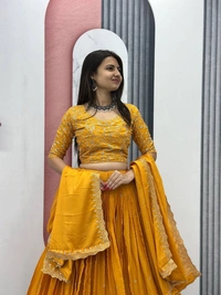 Azorte Fashion Yellow Embroidered Chinon Lehenga Choli for Haldi – Elegant & Budget-Friendly - My Sin, M