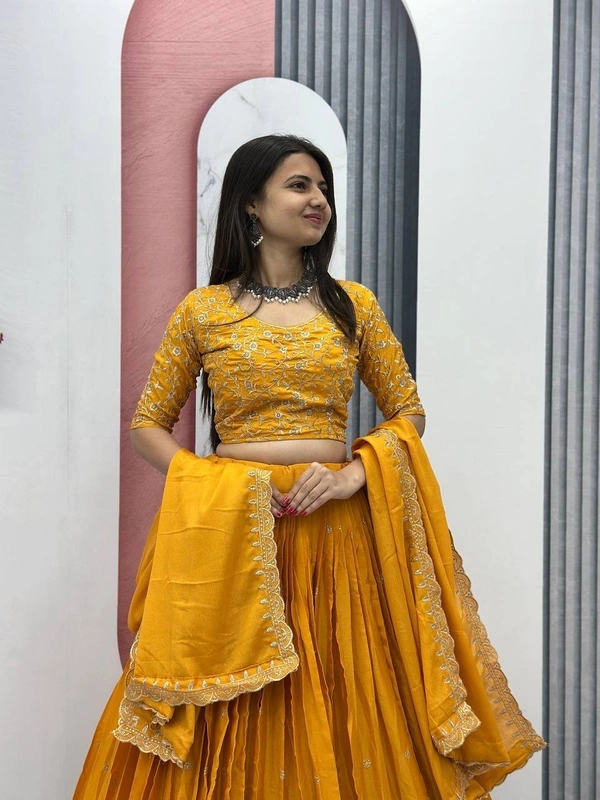 Azorte Fashion Yellow Embroidered Chinon Lehenga Choli for Haldi – Elegant & Budget-Friendly - My Sin, M