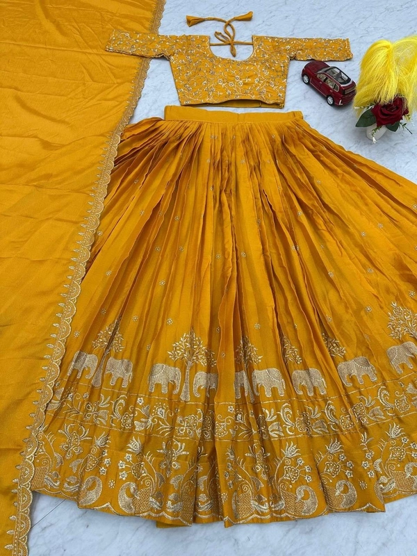 Azorte Fashion Yellow Embroidered Chinon Lehenga Choli for Haldi – Elegant & Budget-Friendly - My Sin, M