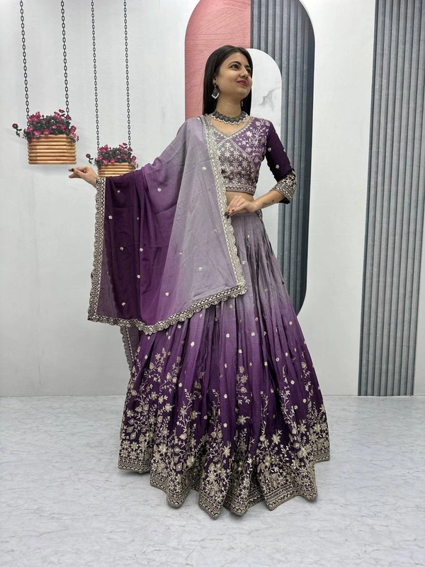 Azorte Fashion Luxury Shaded Lehenga Choli – Heavy Embroidered Chinon with Sequence Work - Falcon, M