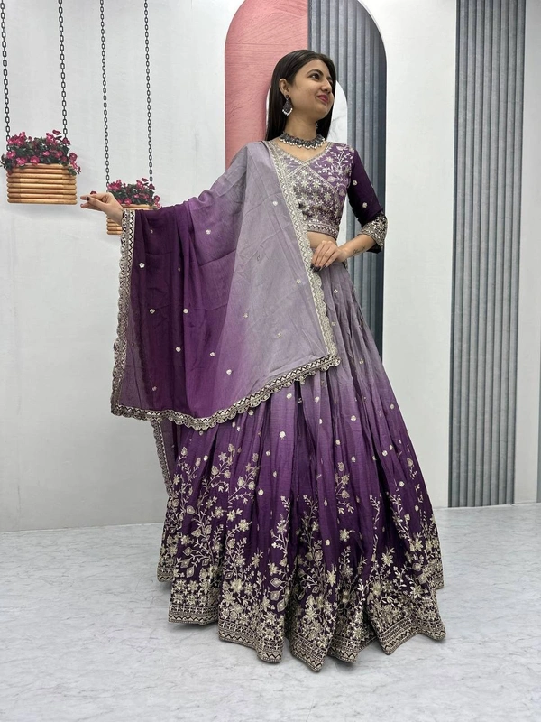 Azorte Fashion Luxury Shaded Lehenga Choli – Heavy Embroidered Chinon with Sequence Work - Falcon, M