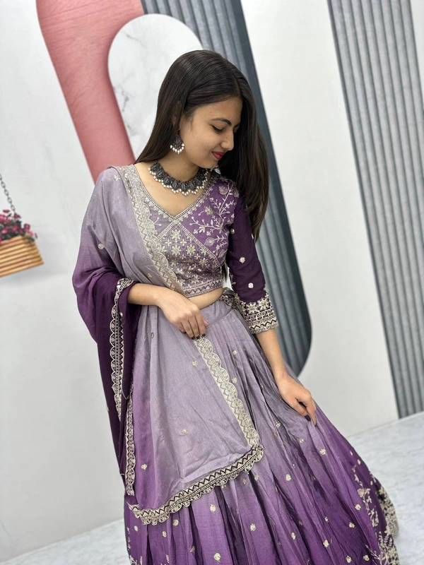 Azorte Fashion Luxury Shaded Lehenga Choli – Heavy Embroidered Chinon with Sequence Work - Falcon, M