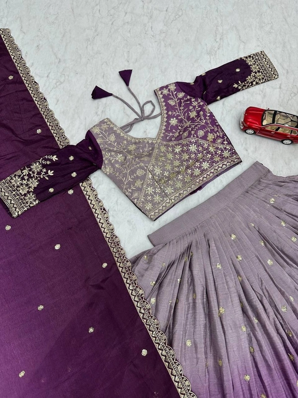 Azorte Fashion Luxury Shaded Lehenga Choli – Heavy Embroidered Chinon with Sequence Work - Falcon, M