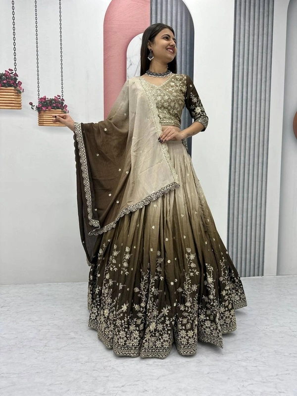 Azorte Fashion Luxury Shaded Lehenga Choli – Heavy Embroidered Chinon with Sequence Work - Hemlock, XL
