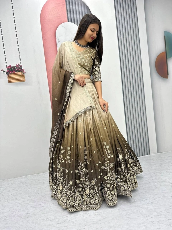 Azorte Fashion Luxury Shaded Lehenga Choli – Heavy Embroidered Chinon with Sequence Work - Hemlock, XL