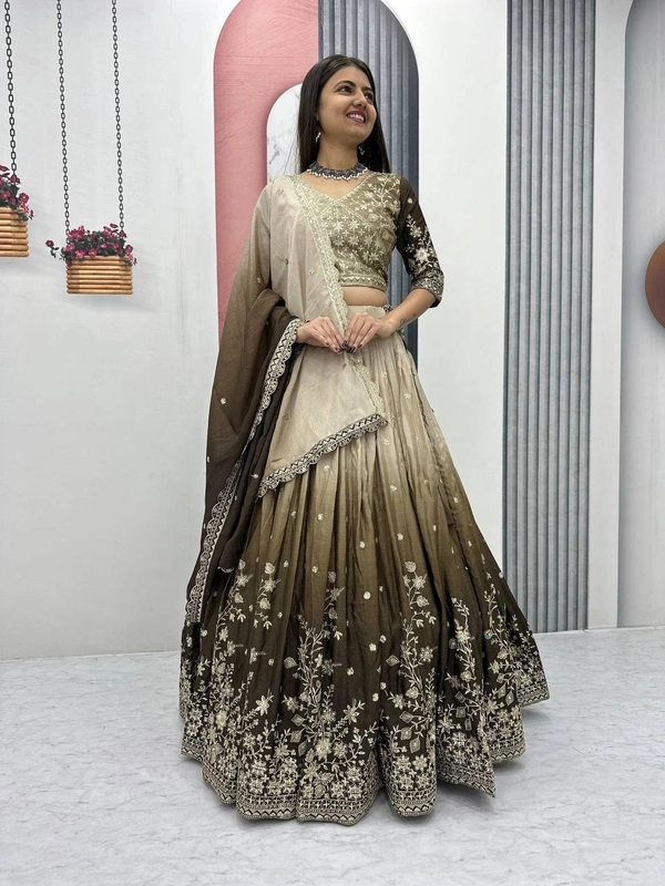 Azorte Fashion Luxury Shaded Lehenga Choli – Heavy Embroidered Chinon with Sequence Work - Hemlock, XL