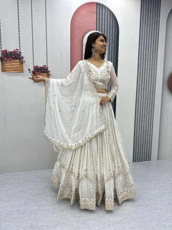 Azorte Fashion Premium Heavy Embroidered Lehenga Choli – Fox Georgette with 7mm Sequence Work - White, L