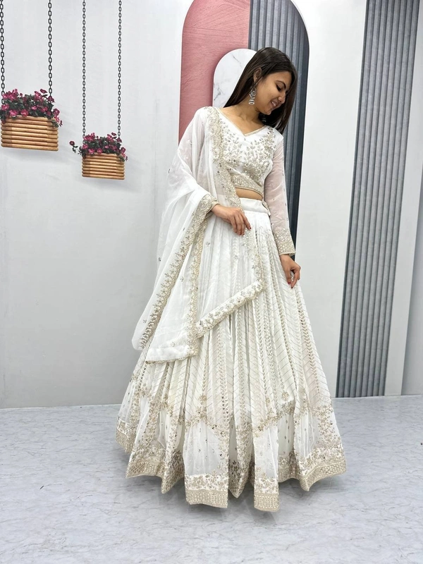 Azorte Fashion Premium Heavy Embroidered Lehenga Choli – Fox Georgette with 7mm Sequence Work - White, L