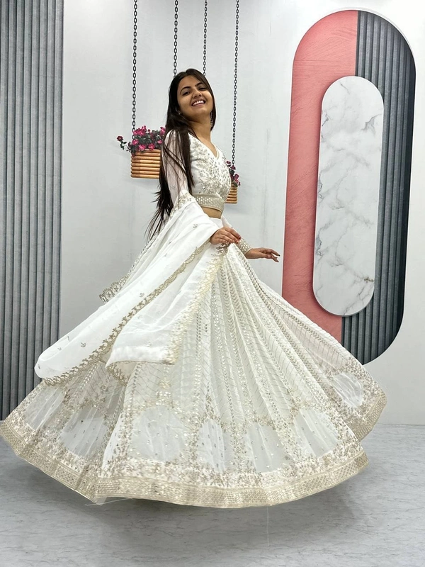 Azorte Fashion Premium Heavy Embroidered Lehenga Choli – Fox Georgette with 7mm Sequence Work - White, L