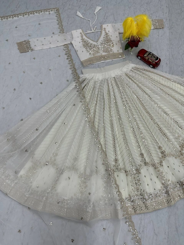 Azorte Fashion Premium Heavy Embroidered Lehenga Choli – Fox Georgette with 7mm Sequence Work - White, L