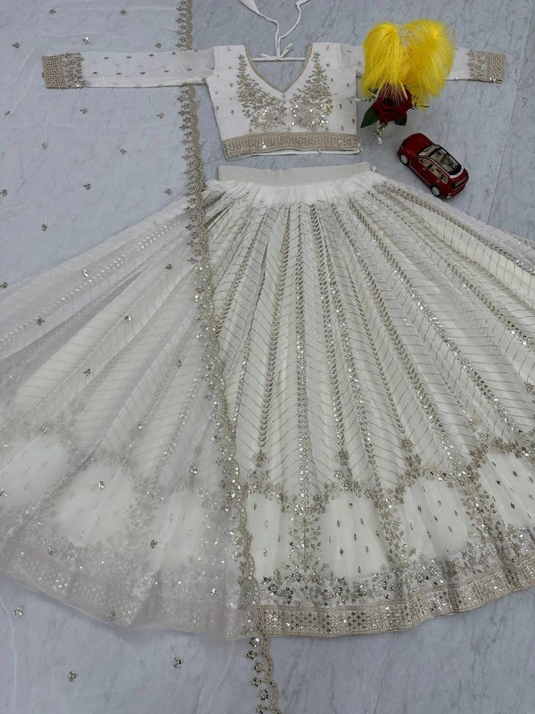 Azorte Fashion Premium Heavy Embroidered Lehenga Choli – Fox Georgette with 7mm Sequence Work - White, L