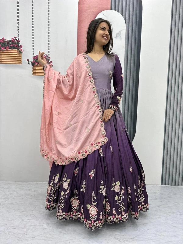 Azorte Fashion Elegant Heavy Chinon Embroidered Gown – Fully Stitched with Dupatta - Rum, XL