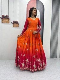 Azorte Fashion Elegant Heavy Chinon Embroidered Gown – Fully Stitched with Dupatta - Milano Red, L