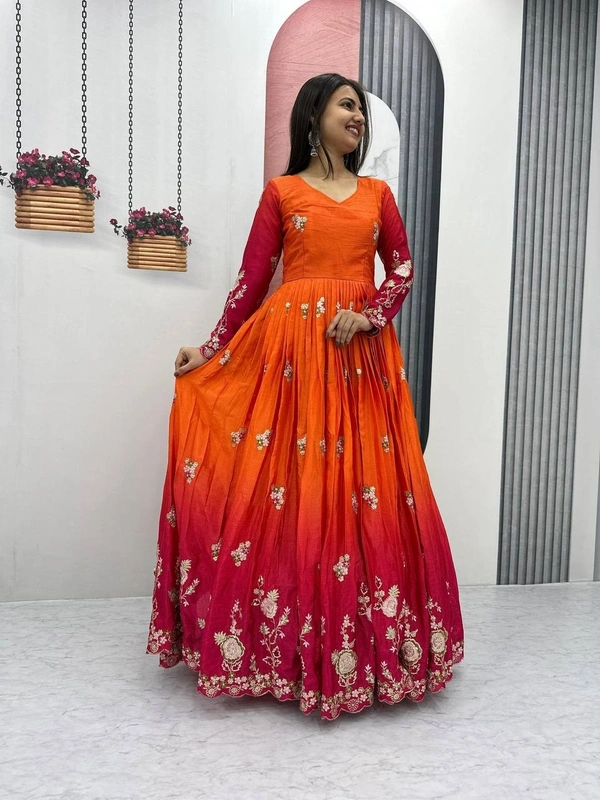 Azorte Fashion Elegant Heavy Chinon Embroidered Gown – Fully Stitched with Dupatta - Milano Red, L