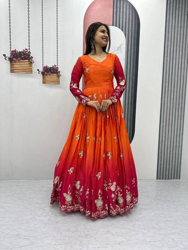 Azorte Fashion Elegant Heavy Chinon Embroidered Gown – Fully Stitched with Dupatta - Milano Red, L