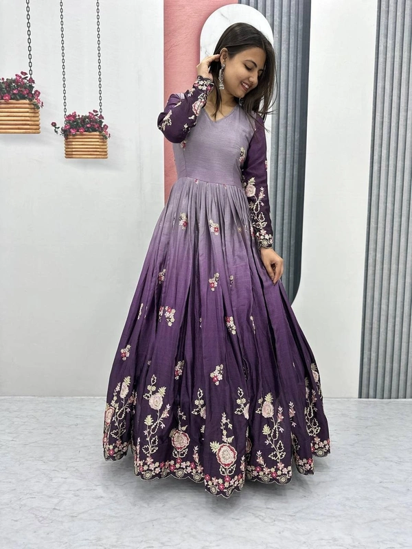 Azorte Fashion Elegant Heavy Chinon Embroidered Gown – Fully Stitched with Dupatta - Rum, XL
