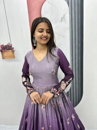 Azorte Fashion Elegant Heavy Chinon Embroidered Gown – Fully Stitched with Dupatta - Rum, XL