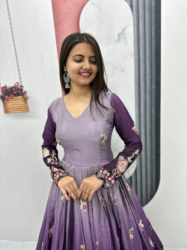 Azorte Fashion Elegant Heavy Chinon Embroidered Gown – Fully Stitched with Dupatta - Rum, XL