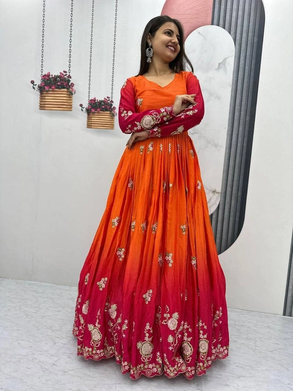 Azorte Fashion Elegant Heavy Chinon Embroidered Gown – Fully Stitched with Dupatta - Milano Red, L