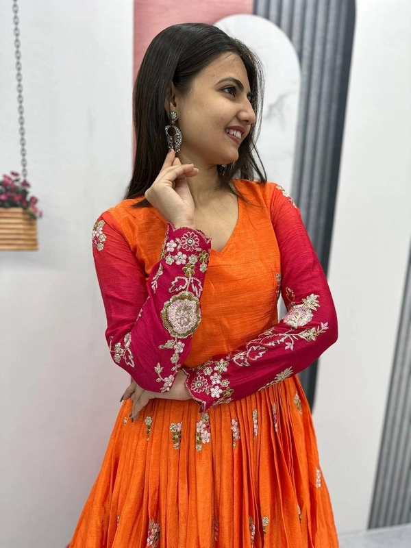 Azorte Fashion Elegant Heavy Chinon Embroidered Gown – Fully Stitched with Dupatta - Milano Red, L