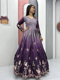 Azorte Fashion Elegant Heavy Chinon Embroidered Gown – Fully Stitched with Dupatta - Rum, XL