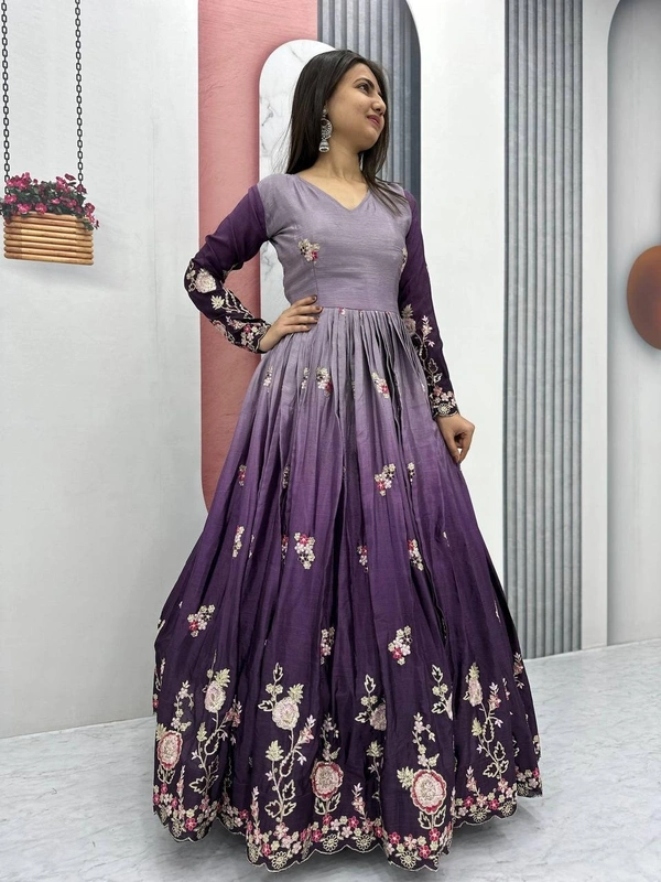 Azorte Fashion Elegant Heavy Chinon Embroidered Gown – Fully Stitched with Dupatta - Rum, XL