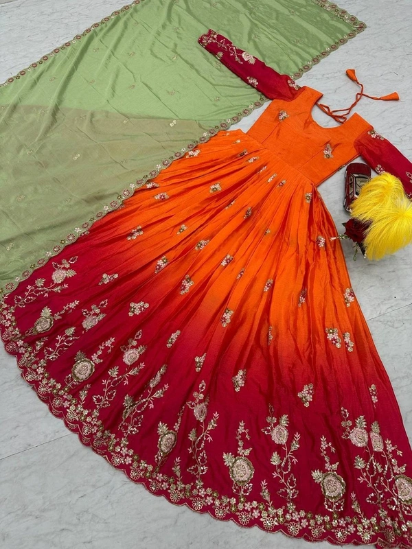 Azorte Fashion Elegant Heavy Chinon Embroidered Gown – Fully Stitched with Dupatta - Milano Red, L