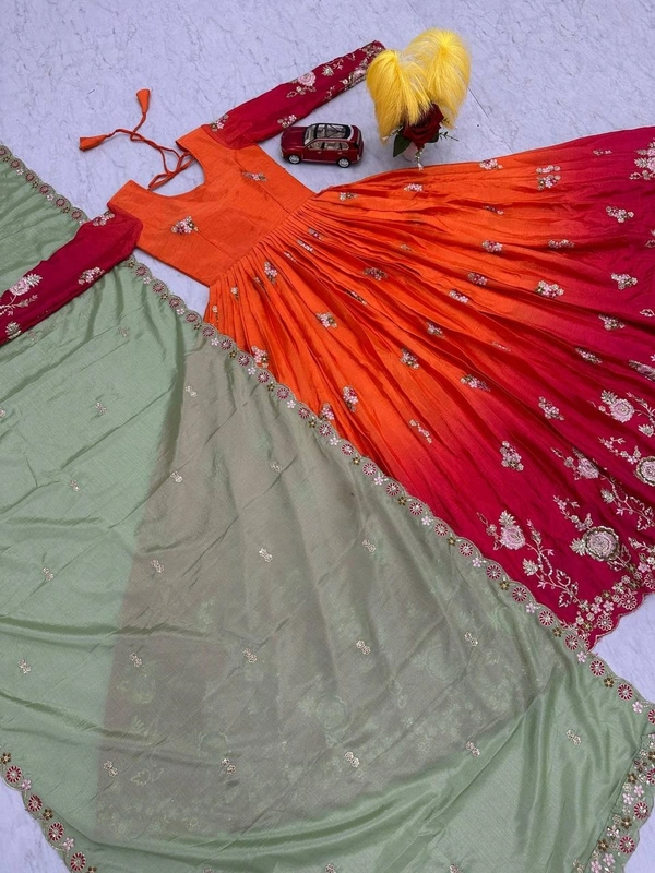 Azorte Fashion Elegant Heavy Chinon Embroidered Gown – Fully Stitched with Dupatta - Milano Red, L